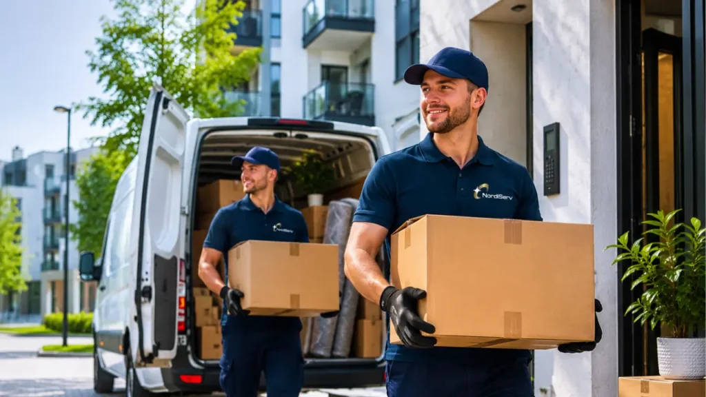 Ammattimainen muuttopalvelu Tampereella – ystävälliset NordiServ-muuttajat kantavat muuttolaatikoita valkoisesta pakettiautosta moderniin pohjoismaiseen kerrostaloon aurinkoisella asuinalueella.