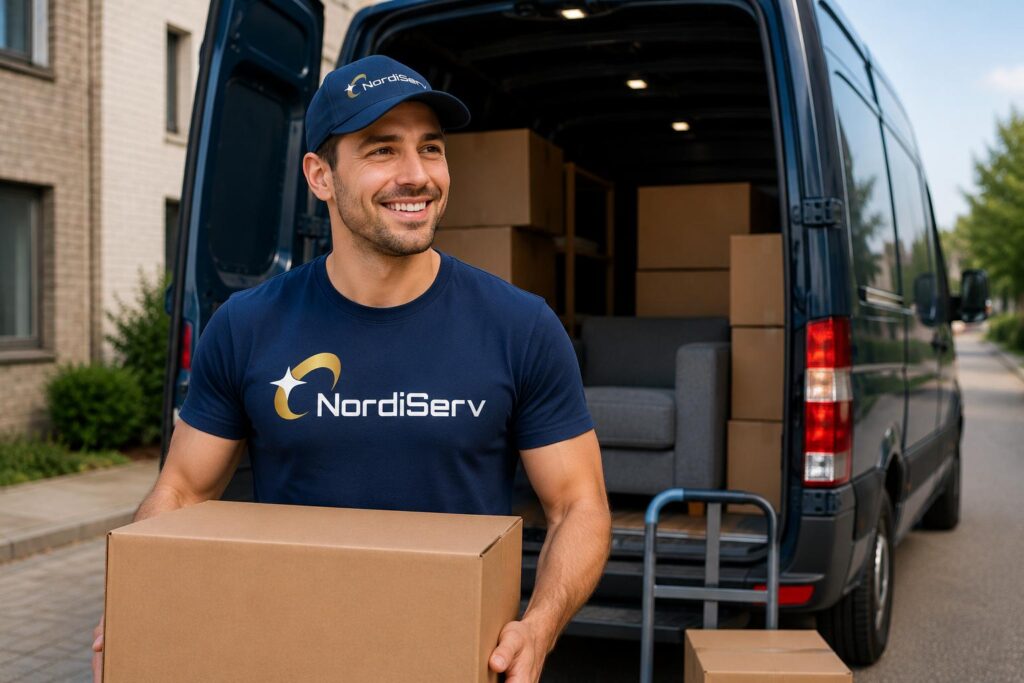 A smiling delivery man holding a cardboard box in front of a van loaded with packages next to the word
